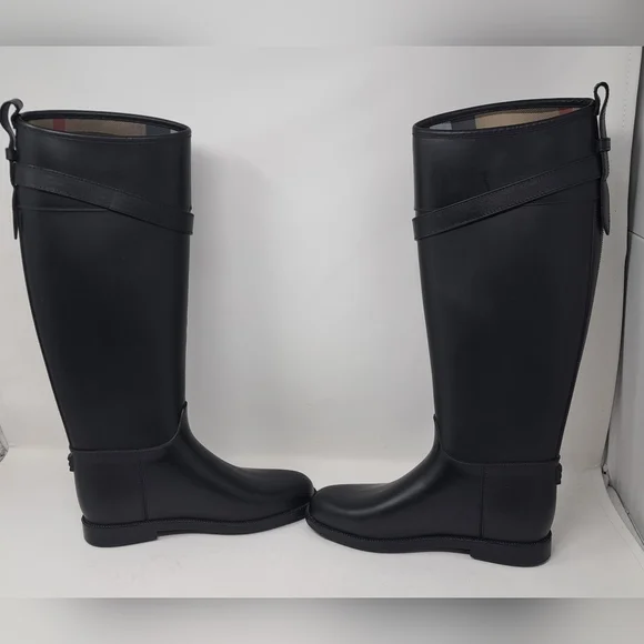 Burberry Women's Rain Boots Knee High Equestrian Black Belt Italy 36 EU 6 US - Picture 3 of 13
